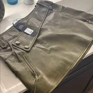 Zara Olive Faux Leather Skirt with Pocket Detail